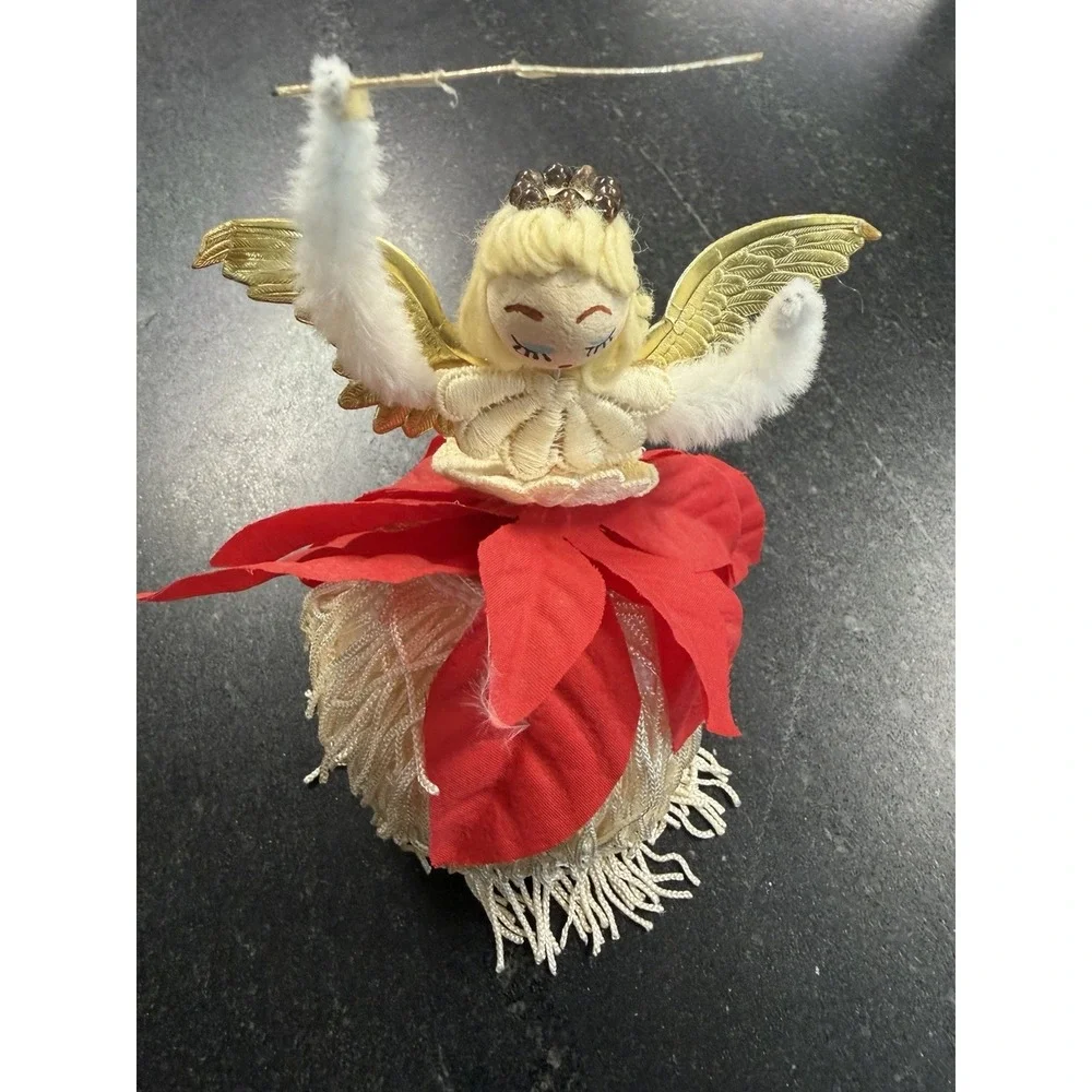 Vtg Handmade Christmas Angel Ornament Poinsettia Sequins Yarn Hair Gold Wings 6